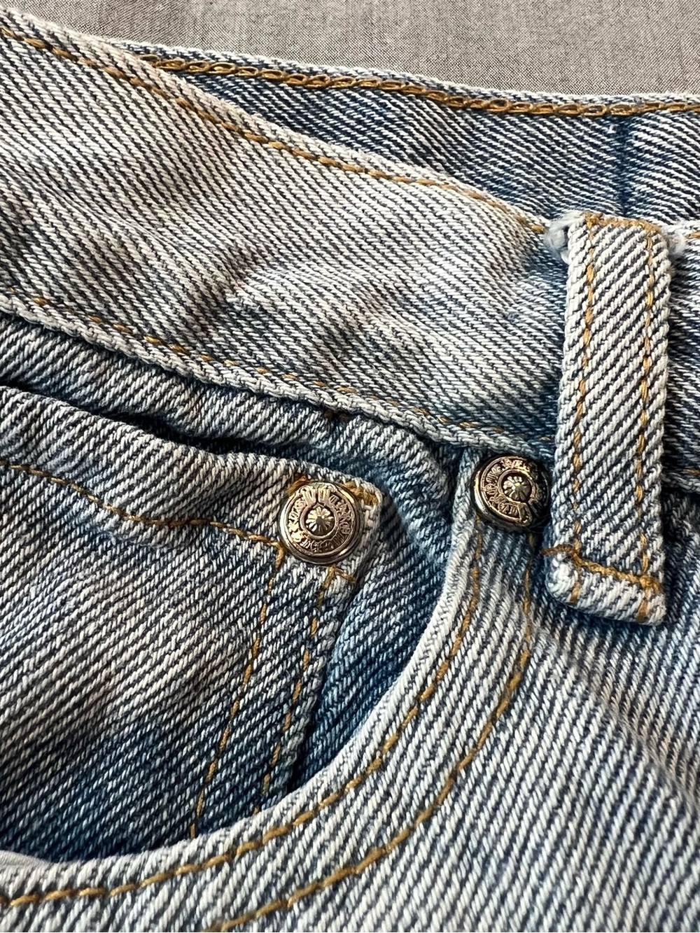 Chrome Hearts Light Blue Slim Straight Jeans with Black Cross Patches - Picture 8 of 8